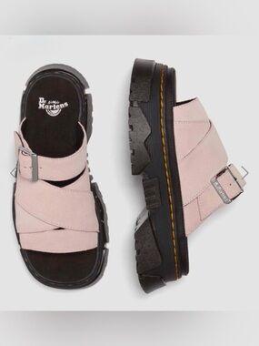 Dr. Martens Mattison Slide Pink Suede Lug Sole Buckle Sandals